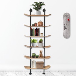 Industrial Shelves - 6 Tier Industrial Decor Pipe Bookcase Using 7 Ply Skateboard Decks - Natural Wood Stain Finish - Bathroom Wall Decor, Living Room Furniture, Book Shelf for Skateboard Enthusiasts