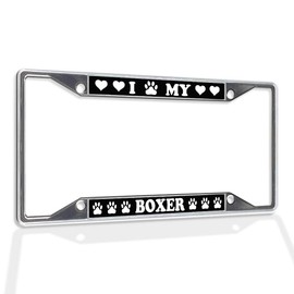 Fastasticdeals Metal Insert License Plate Frame I Love My Boxer with Paw and Heart Dog Weatherproof Car Accessories Chrome 4 Holes Solid Insert