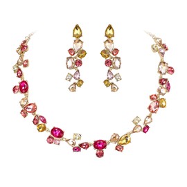 Clearine Bling Rhinestone Oval Teardrop Cluster Statement Necklace Dangle Earrings Jewellery Set for Women Girls Costume Party Prom Fuchsia/Champagne Gold Tone, Crystal