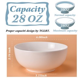 TGLBT Ceramic Soup Bowls,28 Ounce Cereal Bowls Set,Porcelain Bowls for Kitchen White Rice Pasta Salad Oatmeal,Set of 3