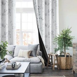 Beauoop Floral 100% Blackout Curtains 72 Inches Long 2 Panels for Bedroom Living Room Grey White Flower Patterned Room Darkening Thermal Insulated Soundproof Grommet Window Treatments Drapes, 52X72