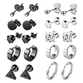 YUWENW 10 Pairs Black Piercing Earrings Stud Earrings Stainless Steel Stainless Steel Hypoallergenic Hoop Rings for Both Ears