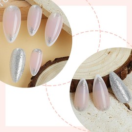 Almond Press on Nails Medium French Tips Fake Nails Silver Glitter Acrylic Nails Press ons White Ombre Glue on Nails Shiny Stick on Nails Nude Pink False Nails for Women Girls Nails Decoration 24Pcs