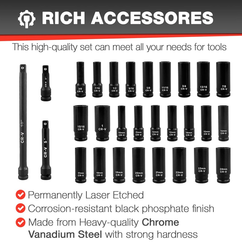 EACELIY 29pcs 1/2" Socket Set, Drive Deep Impact Socket Set,