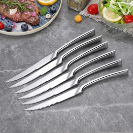 Lemeya - Juego de 6 cuchillos para carne, cuchillos de acero inoxidable, cuchillos serrados ultraafilados, 25,4 cm, pulido con espejo, apto para lavavajillas (plata)