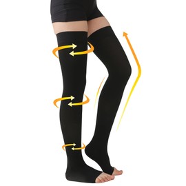 MGANG 15-20mmHg Medical Compression Stockings for Women and Men, Open Toe, Thigh High Socks Graduated Compression with Silicone Dot for Varicose Vein, Swollen legs, Travel, Flight, Pregnant, Black XXL