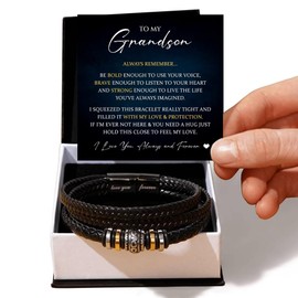 To My Grandson Bracelet from Grandma Grandpa With Heartfelt Message & Elegant Box, Braided Leather Bracelets Gifts For Grandson, Birthday, Graduation, Christmas Gifts For Grandsons