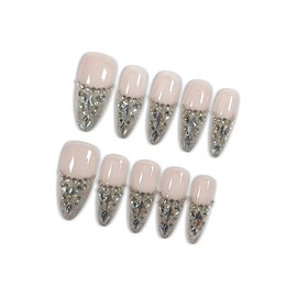 Hantyer French Glam Press on Nails with Tools Kit, Long Stiletto Glossy Nails in Nude, Handmade Nails with Dazzling 3D Crystal Arrangement, Fake Nails Vintage-Inspired Style for Galas Event(Size L)