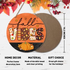 Orange Pumpkin Fall Vibes Wooden Sign Wall Decor, Farmhouse Fall Wood Hanging Signs Decorations for Home Office Kitchen Front Door, Autumn Thanksgiving Door Sign Decor