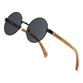 WOODONLY Wooden Round Polarised Sunglasses - Fashion Metal Frame Sunglasses for Men and Women Perfect Gifts, black