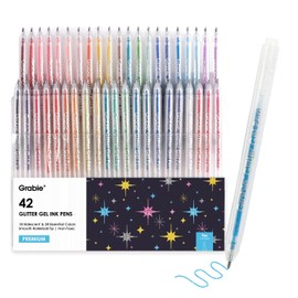 Grabie 42 Glitter Gel Pen Set, 18 Iridescent&24 Essential Color Pens, Smooth Rollerball Tip, Metallic Sparkly Gel Pens for Coloring (42 Colors Capped Glitter Gel Pens)