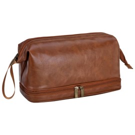 HannaFires Leather Toiletry and Cosmetic Bag, Women's Travel Organizer, Men's Dopp Kit, Business Handheld Makeup Bag, Dual-Layer Waterproof Travel Pouch