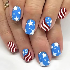 BFY 4th of July Press on Nails Short Square Fake Nails, Stars Red White Stripes Acrylic Nails, Blue Glossy Gel False Nails Kit Stick Glue on Nails Tip, Independence Day Patriotic Decoration 24 Pcs