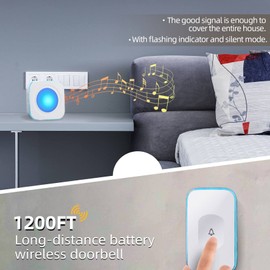 Wireless Doorbell 1200 Feet Battery Operated Wireless Doorbells for Home Hearing Impaired Doorbell at with 36 Melodies 4 Volume light（1 Button & 1 Portable doorbell White)