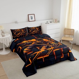 Manfei Ice Hockey Comforter Set Full Size,Geometric Grids Squares Neon Orange Bedding Set 3 Pcs for Teens Young,Sports Gamer Honeycomb Plaids Down Comforter,Orange Black Duvet Insert,2 Pillowcases