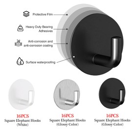16PCS Heavy Duty Adhesive Hooks, No Drill Wall Hooks Stick on Wall Hangers Shower Hooks for Bathroom Kitchen Livingroom(Black - Round)