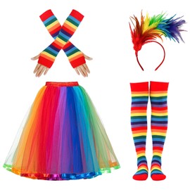 Angenster Angenster Karneval Regenbogen Kostüm Damen Set, Tüllrock Damen Kostüm Damen Fasching mit Feder Haarreif Bunt Hosenträger Tütü Damen Regenbogen Kniestrümpfe, Tüllrock Bunt Clown Kostüm für Fasching