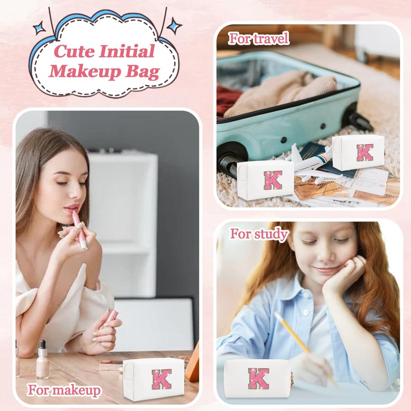 Bolsa de maquillaje con parche inicial personalizada, bolsa de chenilla