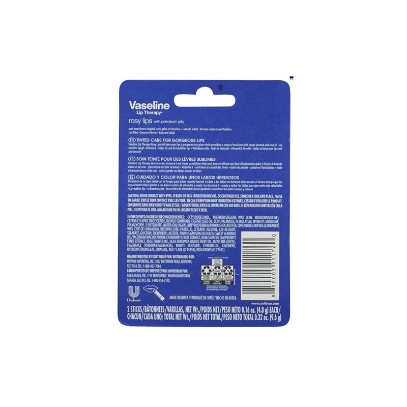 Vaseline 2 pack Bálsamo para Labios Rosy Stick Lip Therapy,