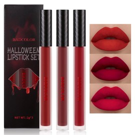 BADCOLOR- Juego de 3 lápices labiales líquidos rojos mate, brillo labial rojo rubí burdeos para mujeres, maquillaje de Halloween vampírico