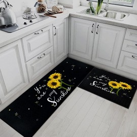 Tayney Sunflower Kitchen Rugs and Mats Non Skid Washable Set of 2, You are My Sunshine Kitchen Mats for Floor, Cute Yellow Flower Bee Kitchen Runner Rug, Black Background Kitchen Decor