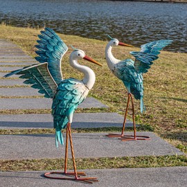 Natelf Garden Decor Blue Heron, Large Standing Metal Crane Garden Statue, Yard Art Lawn Ornaments for Yard Patio Porch Outside Decorations