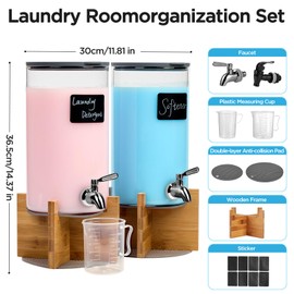 Spreccio Glass Laundry Detergent Dispenser with Holder,2pcs 1.1Gallon Laundry Liquid Dispensers with Stainless-Steel Tap,Large Glass Fabric Softener Containers with Stand for Laundry Room Organization