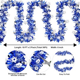 2 Pack Hanukkah Decorations, 36 Ft by 6 Inch Hanukkah Tinsel Garland with Dreidel Star of David Silver Ornaments Blue Metallic Streamers, Indoor Outdoor Chanukah Decorations Home Party Supplies