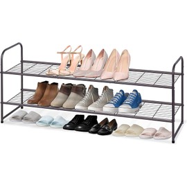 KEETDY 2-Tier Long Shoe Rack for Closet Entryway Shoe Organizer for 18 Pairs Sneakers, Metal Stackable Shoe Storage Shelf with Wire Grid for Bedroom, Floor, Bronze