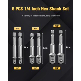 BOEN Impact Grade Socket Adapter Set, 6-PCS Drill Bit Adapter with Bit Holder, Sizes 1/4", 3/8", 1/2", 1/4-Inch SAE Hex Shank, Cr-V, for Cordless Drill & Screwdriver, Power Drill & Driver