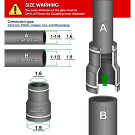 Supply Giant 6I3J Flexible PVC Rubber Coupling with Stainless Steel Clamps, 1.9"x 1.6" Inner Diameter for 1-1/2" x 1-1/4" Nominal Pipe, Black