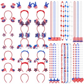 Liliaafar 36 Pcs 4th of July Accessories Set Patriotic Party Favors Red White and Blue Headbands Bulk Bead Necklaces for Independence Day Fourth of July Celebrations Parades Decorations Party Photo