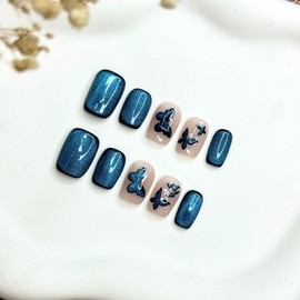 Short Square Press on Nails Handmade Fake Nails Glitter Gloss Stick on Nail Blue Butterfly False Nails with Designs Natural Reusable Acrylic Glue on Nail for Women Girls 10Pcs(Size M)