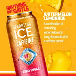 Sparkling Ice Caffeine Watermelon Lemonade Sparkling Water with Caffeine, Zero Sugar, with Antioxidants and Vitamins,16 fl oz Cans (Pack Of 12)