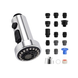 Hibbent NSF/ANSI/CAN 61 & CUPC Certified Pull Down Kitchen Faucet Head Replacement, 3 Function Sink Faucet Sprayer Head Nozzle with 15 Adapters, Compatible with Moen, Delta, Kohler Faucets, Chrome