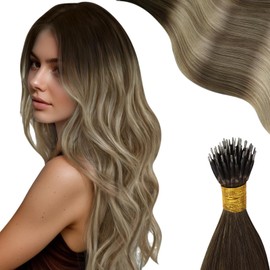 Moresoo Nano Hair Extensions Real Human Hair Root Dark Brown to Golden Brown with Honey Blonde Balayage Nano Ring Hair Extensions Natural Reflections Shoulder Length 14inch 1G/S 50G/Pack #4/10/16