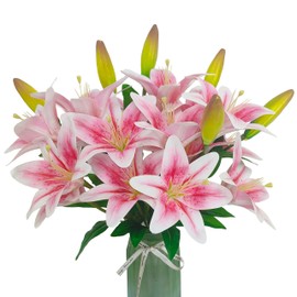 ATFL Artifical Lily Flowers 18 Heads, 5 Forks Long Stem Faux Fake Tiger Lily Flower Bouquets for Home Hotel Office Party Decor Table Centerpieces (2, Light Pink)