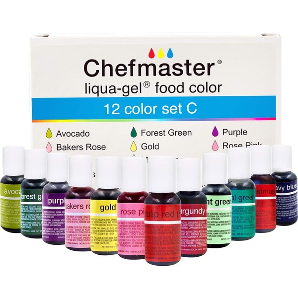 Chefmaster - Liqua-Gel Food Coloring - 12 Color Set C - Fade Resistant - 12 Pack - Vibrant, Eye-Catching Colors, Easy-To-Blend Formula - Made in the USA