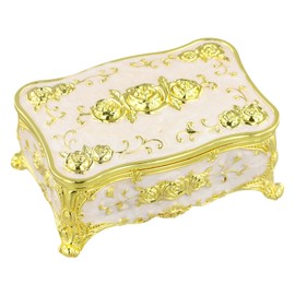 Dokeno Vintage Jewellery Boxes with Metal Lid, Rectangular Jewellery Box Storage Box, White with Golden Flower Shape, Jewellery Case for Earrings, Necklaces, Ring, Women's Gift, Birthday