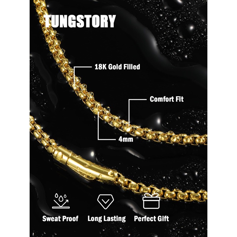 TUNGSTORY 4mm 18K Gold Filled Box Chain Necklace for Men