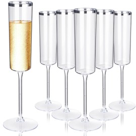 Ciaell 24 Pack Silver Plastic Champagne Flutes - 6 Oz Disposable Champagne Glasses - Square Silver Rim Plastic Toasting Glasses for Party Birthday Anniversary Wedding