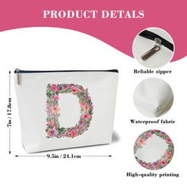 Initial Letter D Gifts for Women Mom Friend Besties Sister, Flower Monogrammed Makeup Bag, Cosmetic Travel Bag with Zipper for Mother's Day Wedding Graduation, Bride Bridesmaid Pouch Toiletry Bag - 04