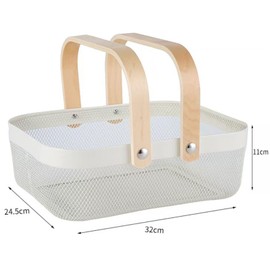 AJIODA Metal Mesh Steel Basket, Storage Organizer Basket Garden Harvest Basket Multi-functional Kitchen Fruit Baskets Bin with Wooden Handle for Bathroom Picnic Shopping Decor Cabinet Home, White