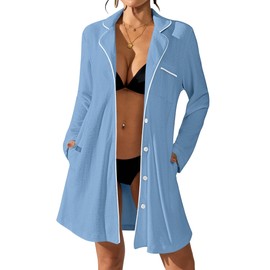 Bsubseach Terry Cloth Cover Up - Women Long Sleeve Button Down Bathing Suit Cover Ups Swim Robes with Pockets Blue XL