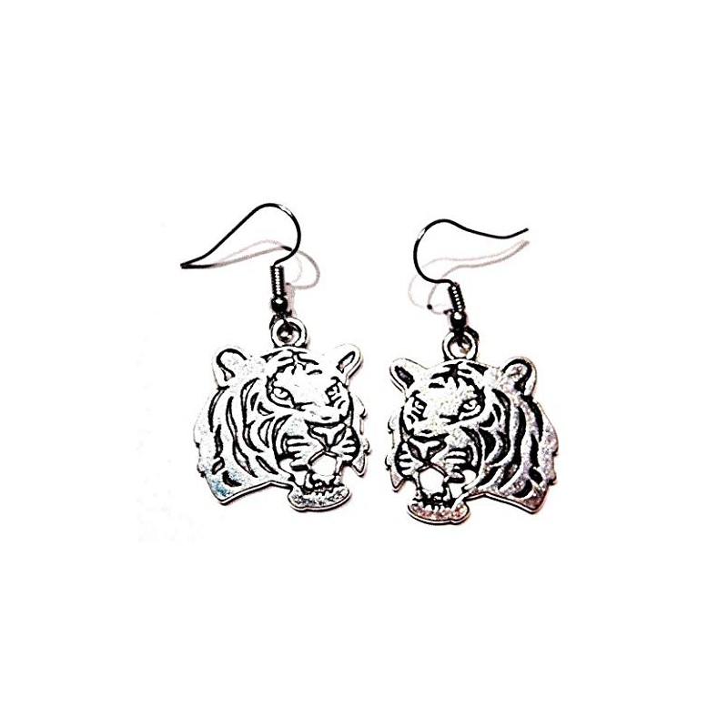 Dark Silver Colored Roaring Tiger Flat Pendant Earrings on Hypoallergenic