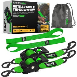 Rhino USA Retractable Ratchet Straps (2-Pack) - 2 Inch x 10 Feet (3,033lb Break Strength) - Heavy Duty Auto Self Retracting Tie Down Straps for Truck, Cargo Trailer, Motorcycle, Rad & More - Green