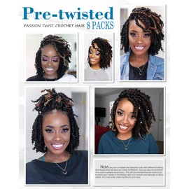 Passion Twist Crochet Hair-Mixed Color Combo Pack(6 packs 1B+1 pack T1B/27+1 pack T1B/30),Pre-twisted Pre Looped Short Synthetic Braided Hair Extensions For Black Women and Kid(6"-8 Packs,1B+T27+T30)