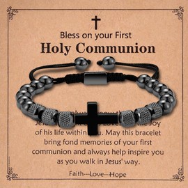 CANDYFANCY Cross Bracelets For Men Black Silver Cross Charm Natural Stone Adjustable Bracelets Faith Christian Jewelry Gifts 8mm, 7inch-11inch, no gemstone