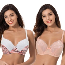 Curve Muse Plus Size Nursing Cotton Unlined Wireless Bra with Lace Trim, Almond Print Orange, Peach (Pack of 2)