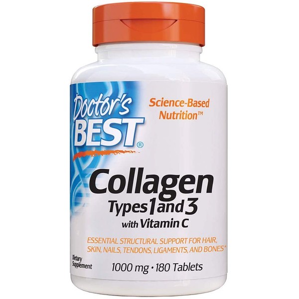 Doctor's Best Collagen Types 1 and 3 with Peptan, Non-GMO, Gluten Free, Soy Free, Supports Hair, Skin, Nails, Tendons and Bones, 1000 mg, 180 Tablets